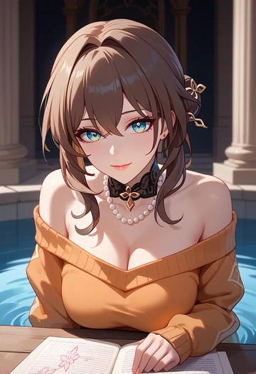 star rail,ruan mei,orange,sweater,choker  - AI generated anime art